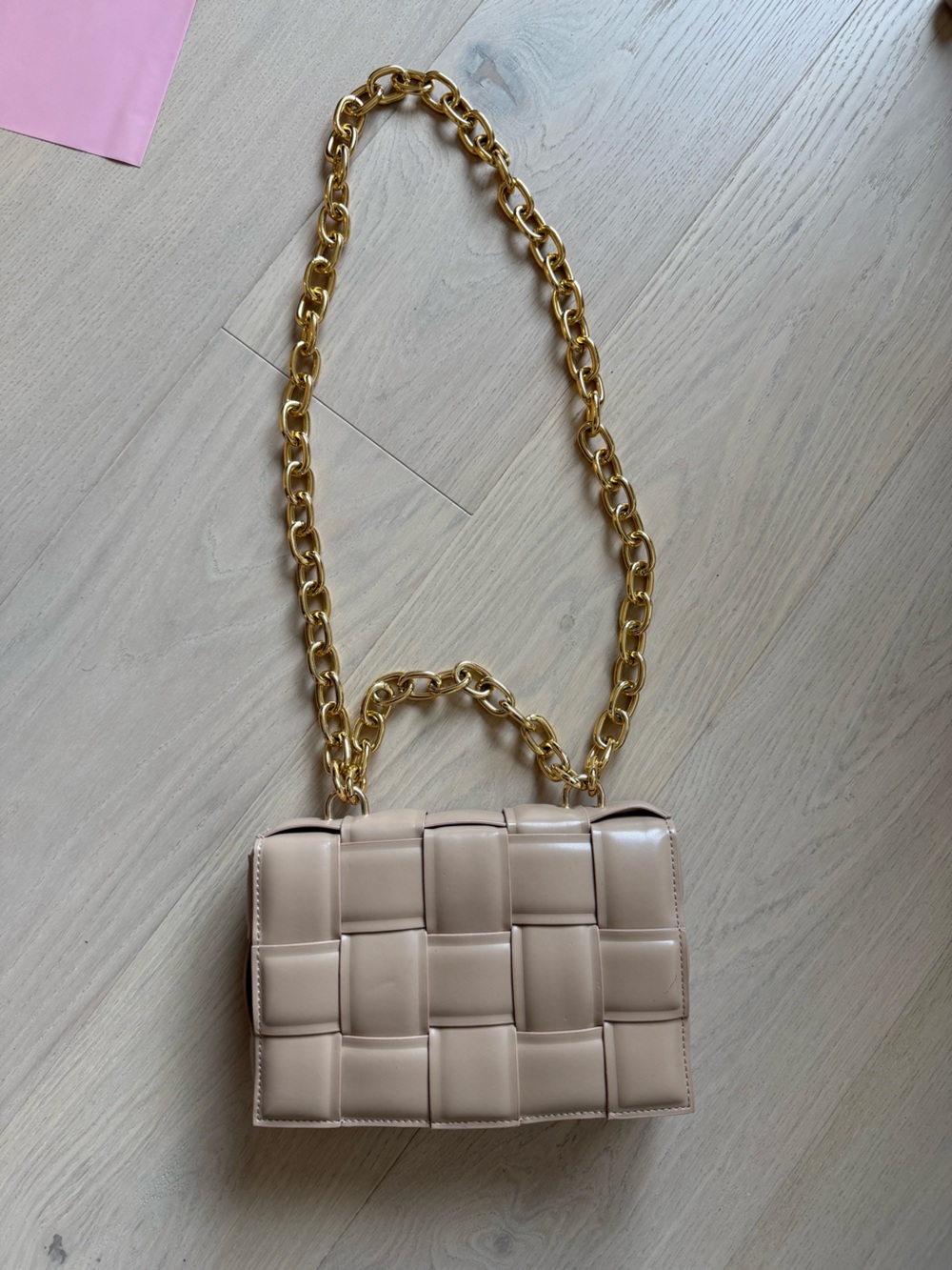 Woven Accent Shoulder Bag in Nude with Gold Chain